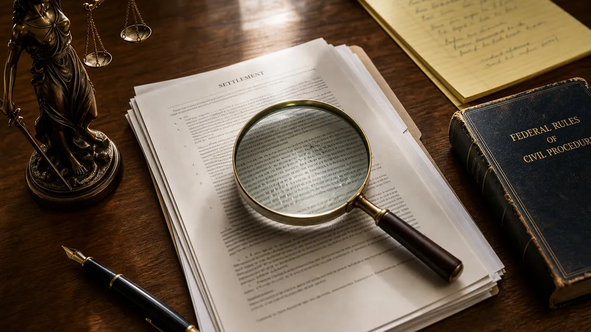 Cheeks fairness hearings put settlement language under a microscope Magnifying glass over a settlement document beside a Federal Rules of Civil Procedure volume — the judicial review at the heart of Cheeks.